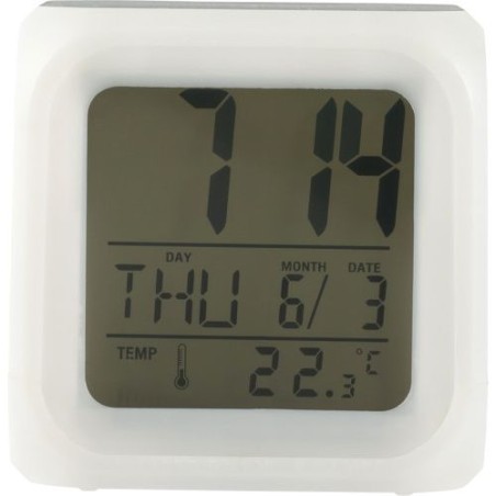 Horloge de bureau lumineuse personnalisée cube Leona avec changement de couleurs Matières : HIPS Couleurs : blanc personnalisabl