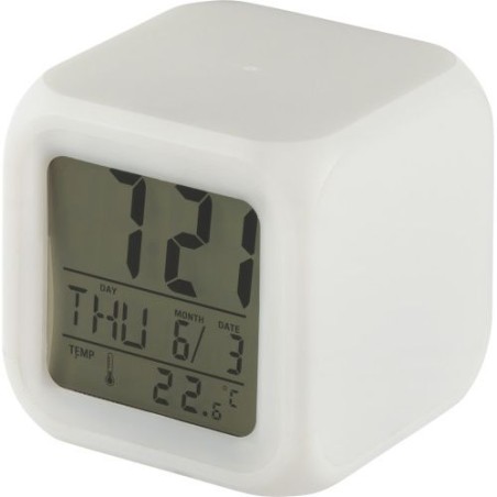 Horloge de bureau lumineuse personnalisée cube Leona avec changement de couleurs Matières : HIPS Couleurs : blanc goodies public