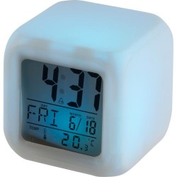 Horloge de bureau lumineuse personnalisée cube Leona avec changement de couleurs Matières : HIPS Couleurs : blanc marquage laser
