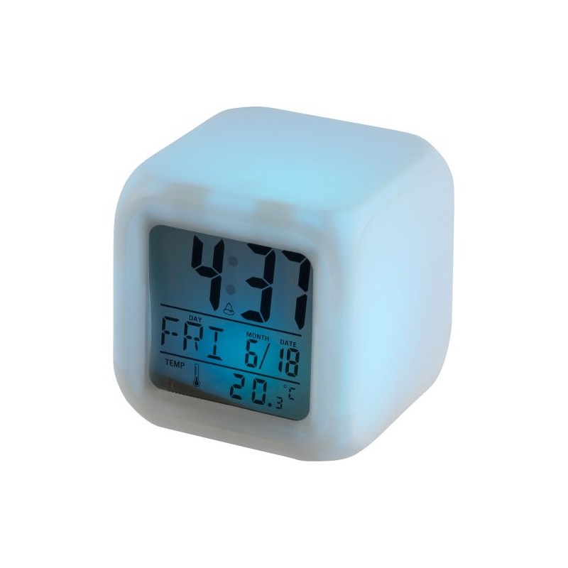 Horloge de bureau lumineuse personnalisée cube Leona avec changement de couleurs Matières : HIPS Couleurs : blanc marquage laser