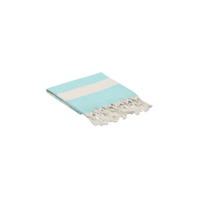 Fouta  et élégante personnalisée 140 gr/m² AGOURA Matières : coton recyclé Couleurs : turquoise impression logo haute qualité