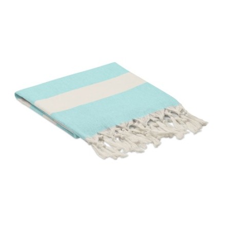 Fouta  et élégante personnalisée 140 gr/m² AGOURA Matières : coton recyclé Couleurs : turquoise impression logo haute qualité