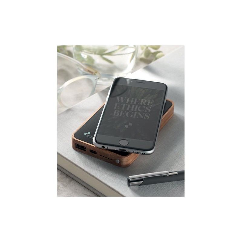 Powerbank sans fil  4000 mAh à charge rapide - ACAPOW Matières : bois Couleurs : noir impression haute définition