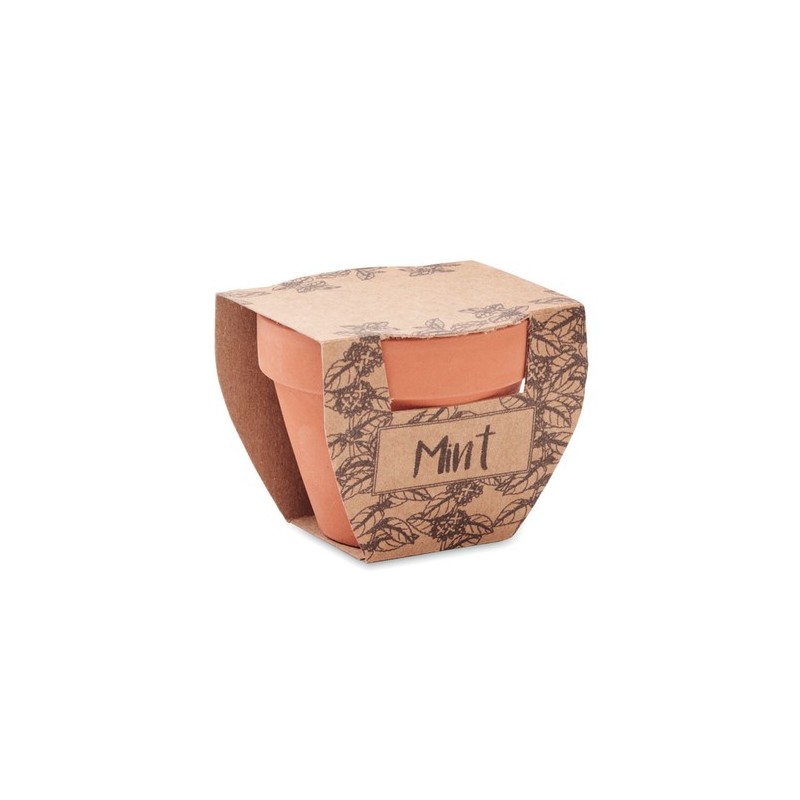 Pot  personnalisé avec graines de menthe MINT POT Couleurs : bois Matières : terre cuite cadeau entreprise pas cher
