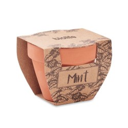 Pot  personnalisé avec graines de menthe MINT POT Couleurs : bois Matières : terre cuite goodies publicitaire événementiel
