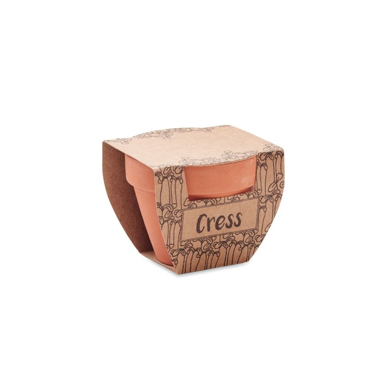 Pot  personnalisé avec graines de cresson - Cress Pot Couleurs : bois Matières : terre cuite cadeau entreprise pas cher