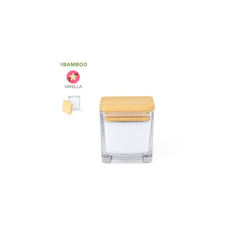 Bougie Aromatique Personnalisée à la Vanille - Safron Matières : bambou Couleurs : blanc personnalisable avec votre logo