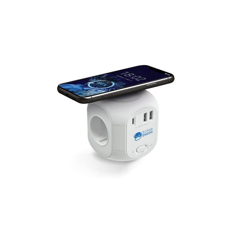 Multiprise Cube Éco-responsable avec Chargeur à Induction et Rallonge - Multifonctionnel personnalisable avec votre logo