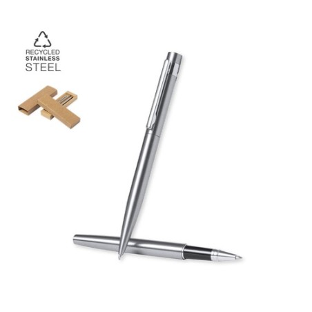 Set de Stylo et Roller Éco-responsable Personnalisé Kaylax Couleurs : argenté Matières : acier inoxydable recyclé personnalisabl