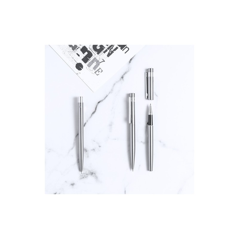 Set de Stylo et Roller Éco-responsable Personnalisé Kaylax Couleurs : argenté Matières : acier inoxydable recyclé livraison expr