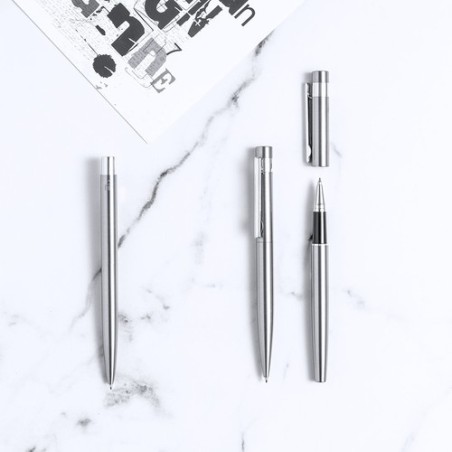 Set de Stylo et Roller Éco-responsable Personnalisé Kaylax Couleurs : argenté Matières : acier inoxydable recyclé livraison expr