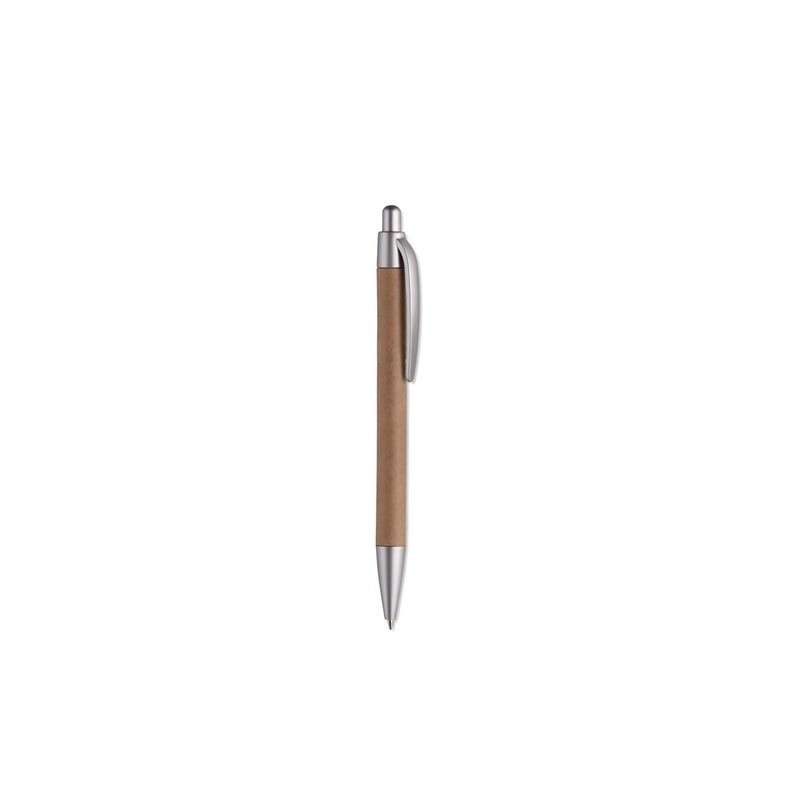 Stylo bille  et pratique en cart personnalisé PUSHTON Matières : papier Couleurs : argenté mat personnalisable avec votre logo