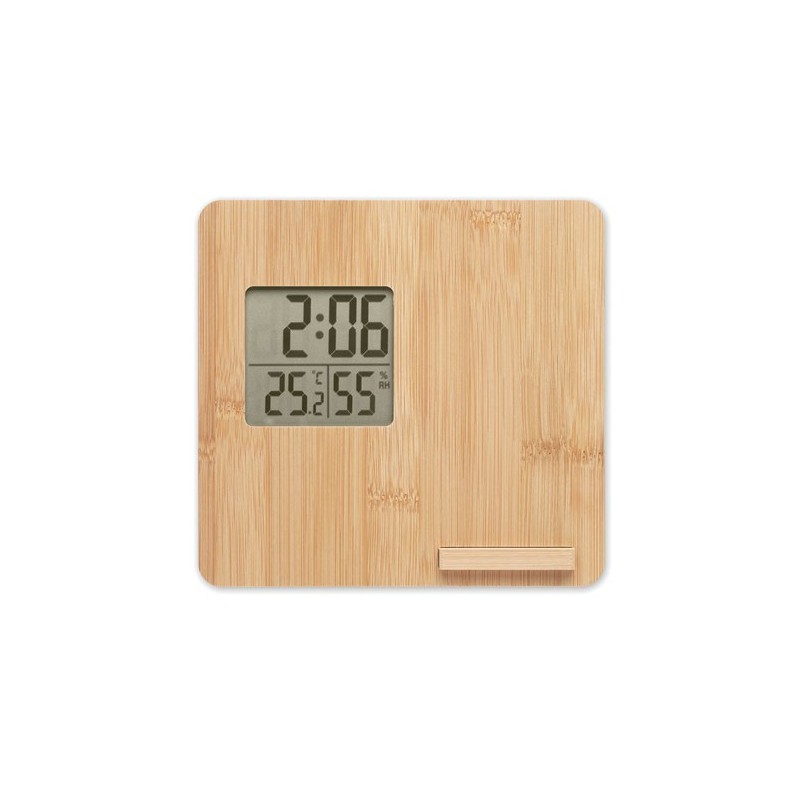 Station météo personnalisée en bambou - Décoration et chargeur FERREL Matières : bambou Couleurs : bois personnalisable avec vot