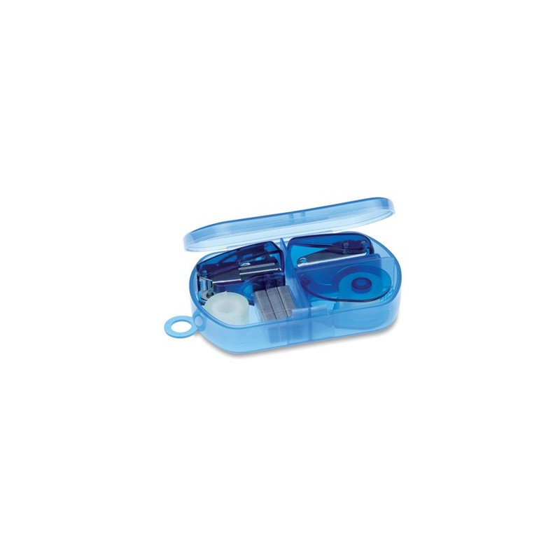 Set de papeterie en boîte plastique personnalisée BUROBOX Matières : polypropylène (PP) Couleurs : bleu transparent