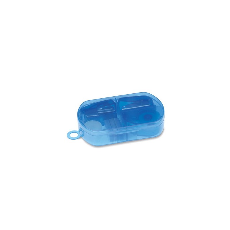 Set de papeterie en boîte plastique personnalisée BUROBOX Matières : polypropylène (PP) Couleurs : bleu transparent personnalisa