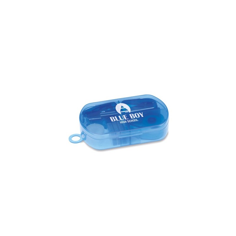 Set de papeterie en boîte plastique personnalisée BUROBOX Matières : polypropylène (PP) Couleurs : bleu transparent goodies publ