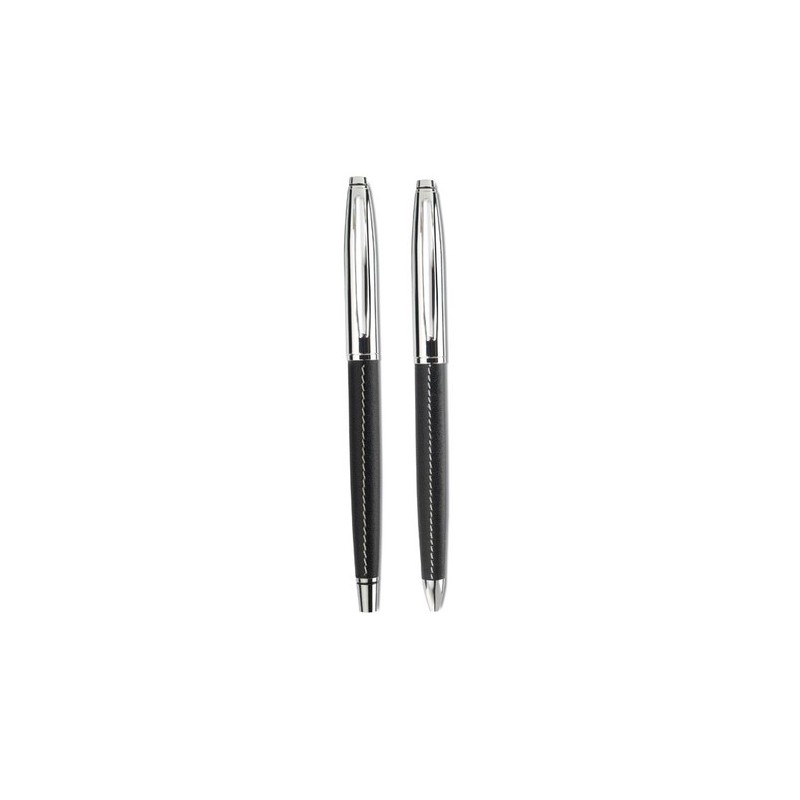 Parure de stylos roller et bille personnalisée élégante BALTIMORE Matières : PU Couleurs : noir cadeau entreprise pas cher
