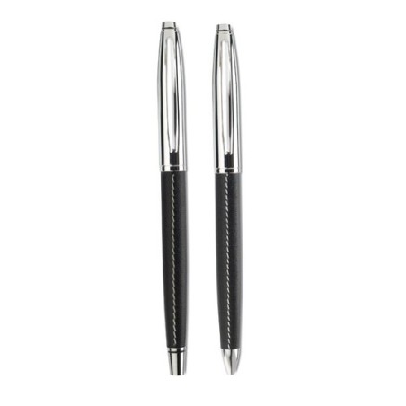 Parure de stylos roller et bille personnalisée élégante BALTIMORE Matières : PU Couleurs : noir cadeau entreprise pas cher