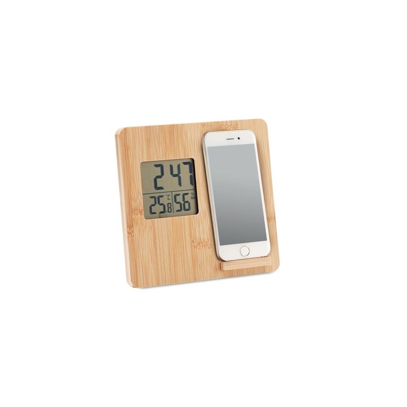 Station météo personnalisée en bambou - Décoration et chargeur FERREL Matières : bambou Couleurs : bois cadeau entreprise pas ch