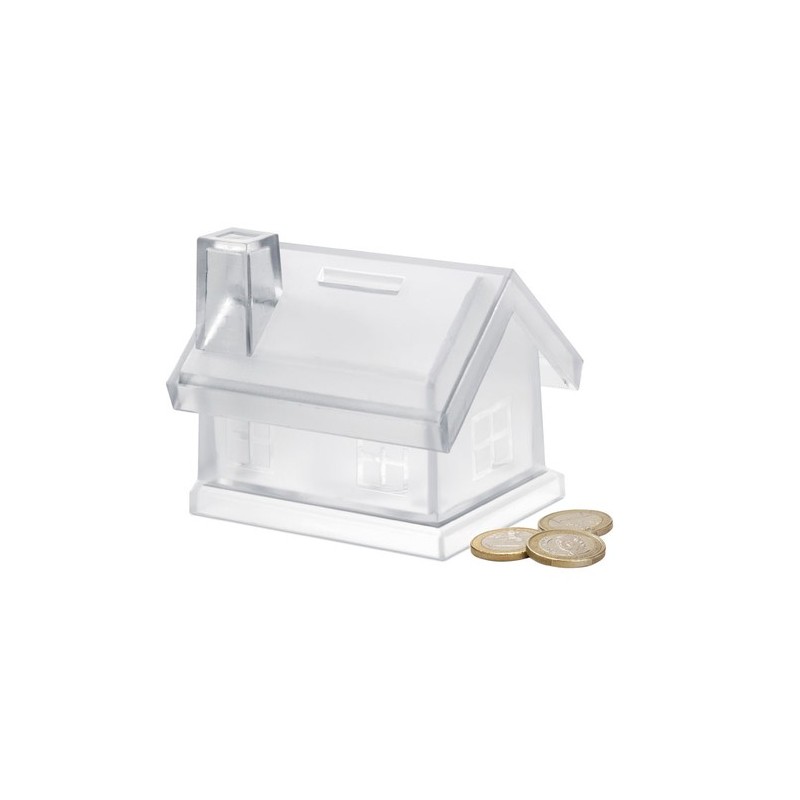 Tirelire maison en plastique personnalisée MYBANK Matières : polystyrène (PS) Couleurs : transparent personnalisable avec votre 
