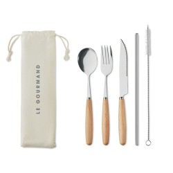 Couverts réutilisables en acier inoxydable personnalisés CUSTA SET Matières : acier inoxydable Couleurs : beige goodies publicit