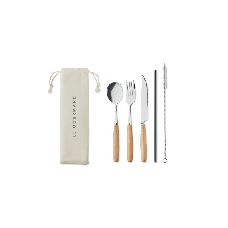 Couverts réutilisables en acier inoxydable personnalisés CUSTA SET Matières : acier inoxydable Couleurs : beige goodies publicit