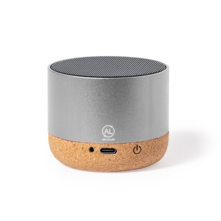 Haut-Parleur Éco-responsable Personnalisé Audio High-Tech - Moore Matières : liège Couleurs : argenté personnalisation sur mesur