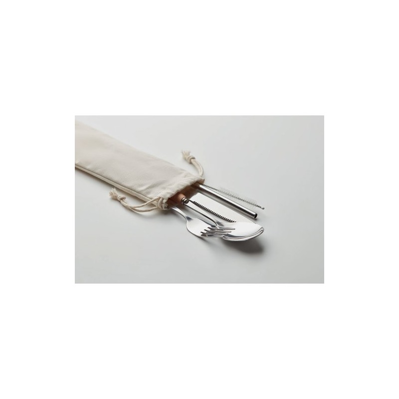 Couverts réutilisables en acier inoxydable personnalisés CUSTA SET Matières : acier inoxydable Couleurs : beige marquage laser u