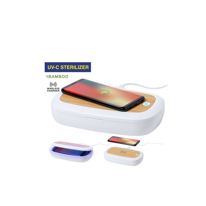 Stérilisateur UV Éco-responsable et Chargeur sans Fil Personnalisé - Strey Matières : bambou Couleurs : blanc personnalisable av