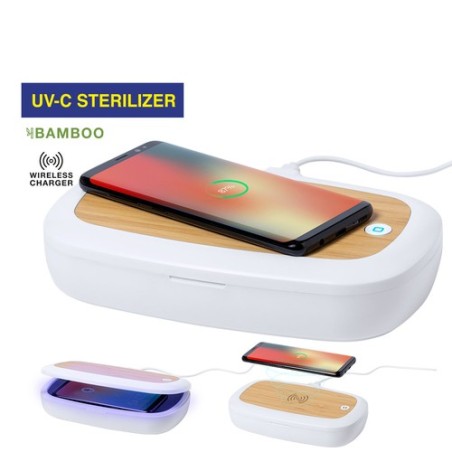 Stérilisateur UV Éco-responsable et Chargeur sans Fil Personnalisé - Strey Matières : bambou Couleurs : blanc personnalisable av