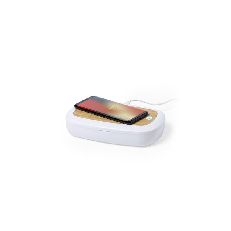 Stérilisateur UV Éco-responsable et Chargeur sans Fil Personnalisé - Strey Matières : bambou Couleurs : blanc cadeau entreprise 