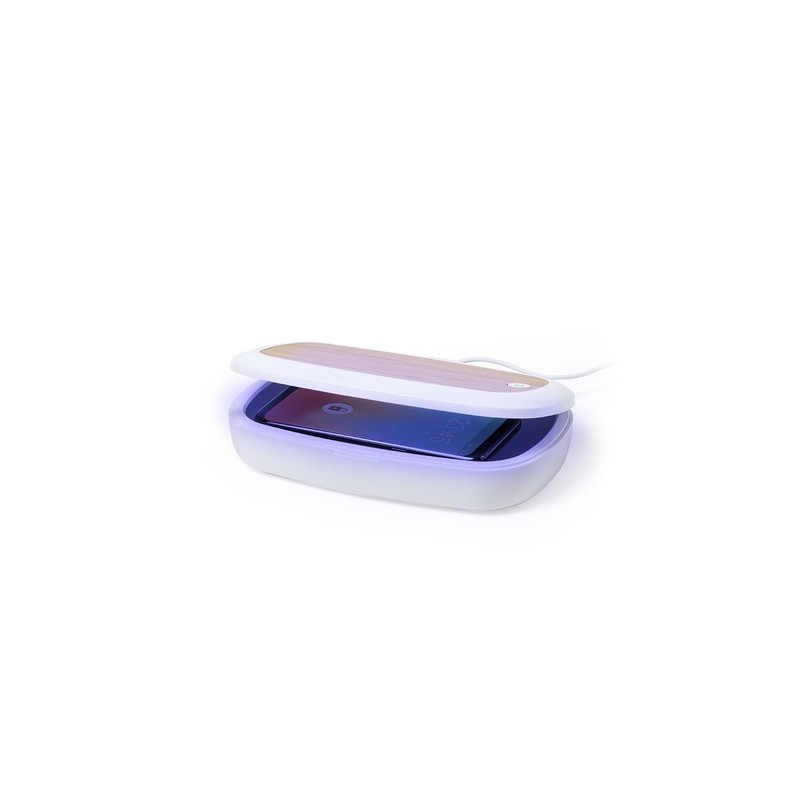 Stérilisateur UV Éco-responsable et Chargeur sans Fil Personnalisé - Strey Matières : bambou Couleurs : blanc goodies publicitai