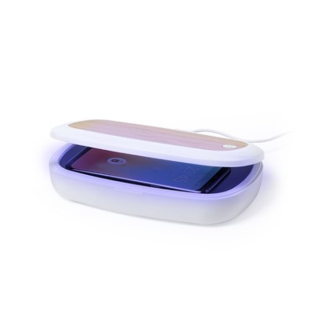 Stérilisateur UV Éco-responsable et Chargeur sans Fil Personnalisé - Strey Matières : bambou Couleurs : blanc goodies publicitai