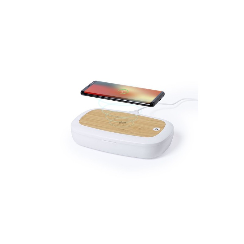 Stérilisateur UV Éco-responsable et Chargeur sans Fil Personnalisé - Strey Matières : bambou Couleurs : blanc impression haute d