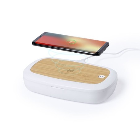 Stérilisateur UV Éco-responsable et Chargeur sans Fil Personnalisé - Strey Matières : bambou Couleurs : blanc impression haute d