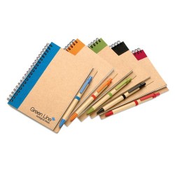 Bloc-notes recyclé avec stylo  SONORA PLUS Matières : papier recyclé Couleurs : bleu impression logo haute qualité