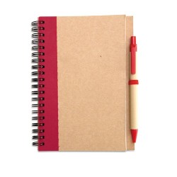 Bloc-notes recyclé avec stylo  SONORA PLUS Matières : papier recyclé Couleurs : rouge impression haute définition