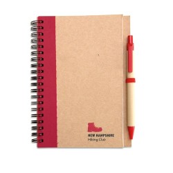 Bloc-notes recyclé avec stylo  SONORA PLUS Matières : papier recyclé Couleurs : rouge marquage laser ultra précis