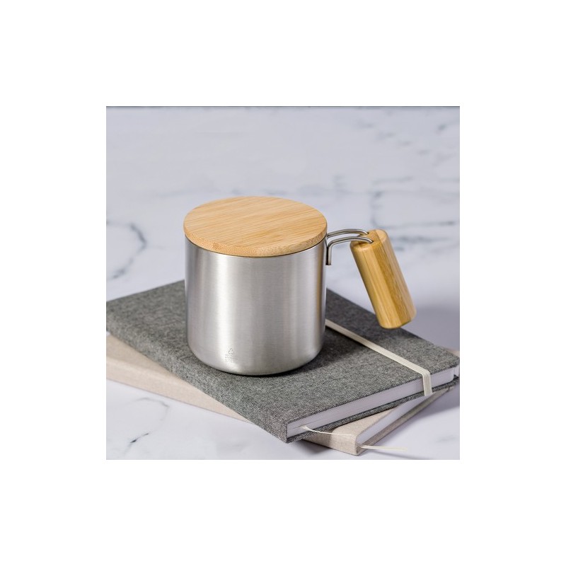 Tasse Isotherme Éco-responsable Personnalisée - Claire Matières : bambou Couleurs : argenté impression logo haute qualité