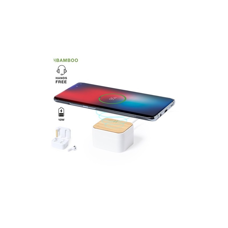 Écouteurs Bluetooth Éco-Responsables Personnalisés Billins Matières : bambou Couleurs : blanc personnalisable avec votre logo