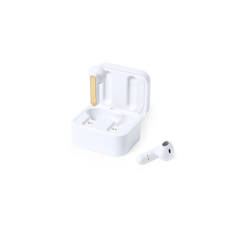 Écouteurs Bluetooth Éco-Responsables Personnalisés Billins Matières : bambou Couleurs : blanc cadeau entreprise pas cher