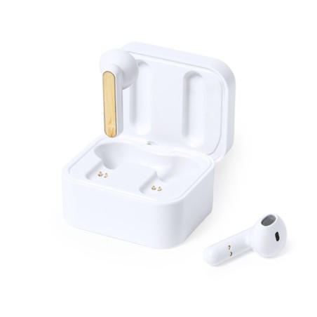Écouteurs Bluetooth Éco-Responsables Personnalisés Billins Matières : bambou Couleurs : blanc cadeau entreprise pas cher