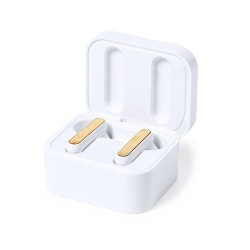 Écouteurs Bluetooth Éco-Responsables Personnalisés Billins Matières : bambou Couleurs : blanc goodies publicitaire événementiel