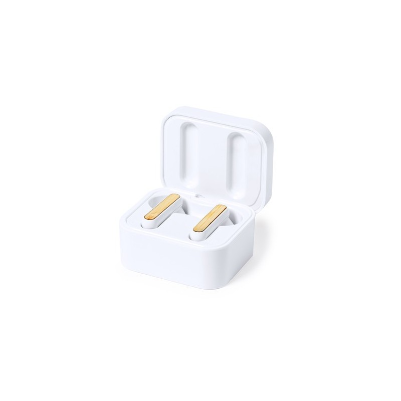 Écouteurs Bluetooth Éco-Responsables Personnalisés Billins Matières : bambou Couleurs : blanc goodies publicitaire événementiel