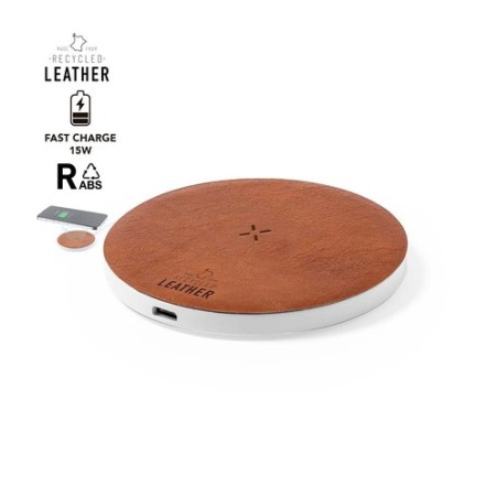 Chargeur sans fil Éco-responsable et Pratique 15W Personnalisé Sarkul RCS Matières : cuir recyclé Couleurs : marron personnalisa