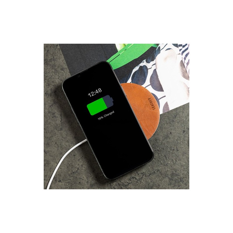 Chargeur sans fil Éco-responsable et Pratique 15W Personnalisé Sarkul RCS Matières : cuir recyclé Couleurs : marron impression h
