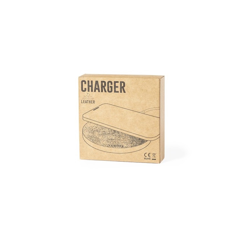 Chargeur sans fil Éco-responsable et Pratique 15W Personnalisé Sarkul RCS Matières : cuir recyclé Couleurs : marron marquage las