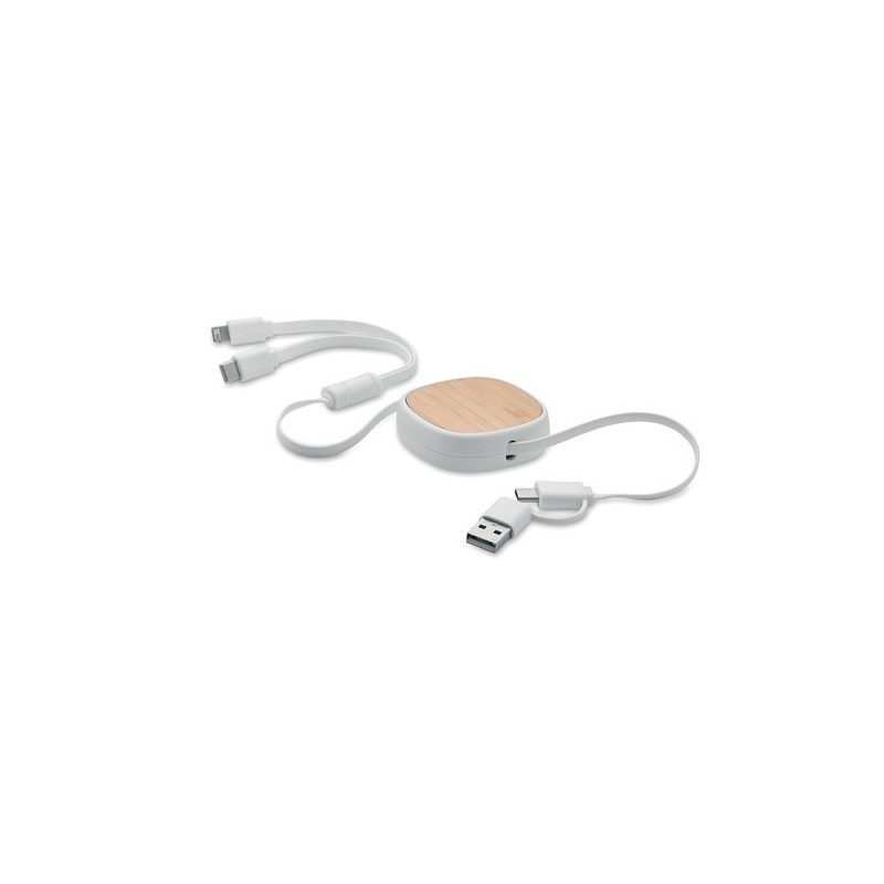 Câble de charge USB rétractable personnalisé pratique et élégant - TOGOBAM Matières : bambou Couleurs : blanc