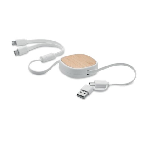 Câble de charge USB rétractable personnalisé pratique et élégant - TOGOBAM Matières : bambou Couleurs : blanc