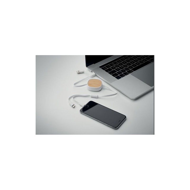 Câble de charge USB rétractable personnalisé pratique et élégant - TOGOBAM Matières : bambou Couleurs : blanc goodies publicitai